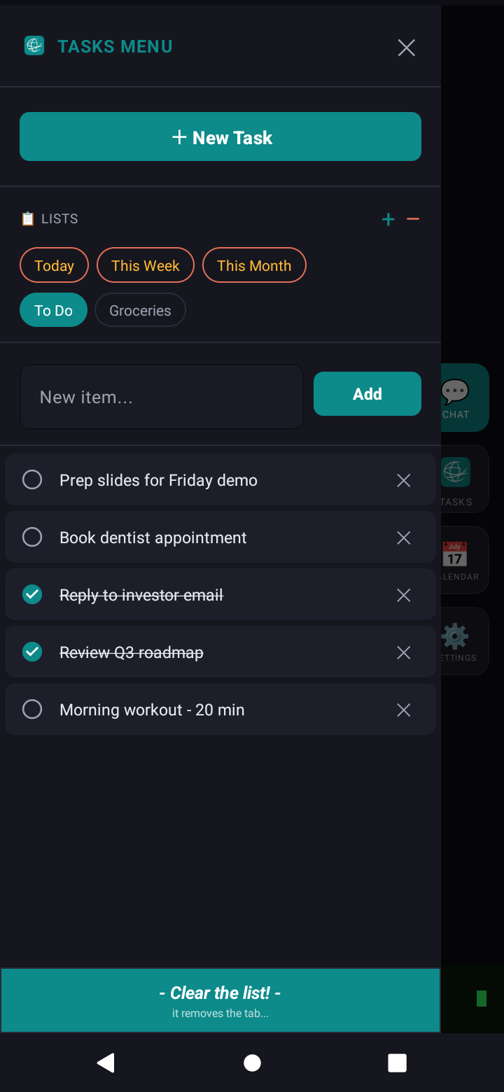 AI Frame tasks screen